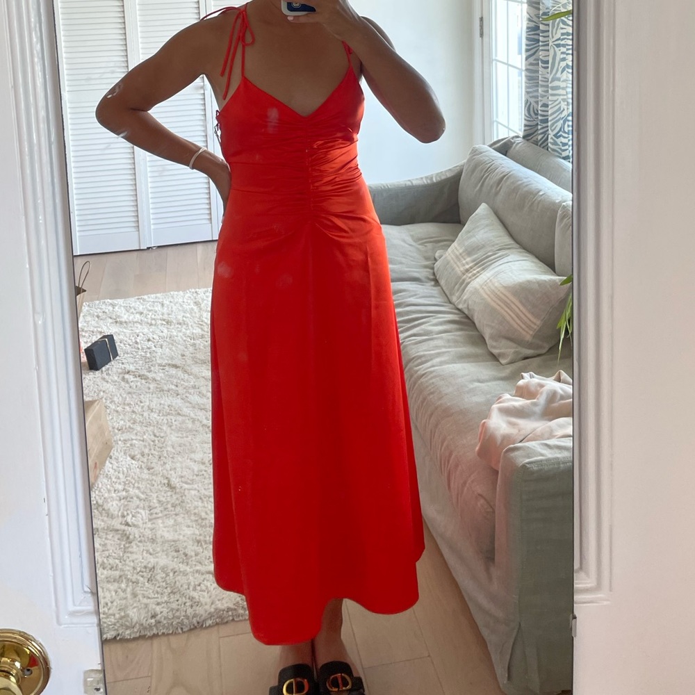 Jason Wu orange ruched front satin midi gown slip dress with open strappy back